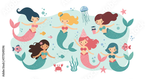 A vibrant and cheerful group of cute cartoon mermaids with their various sea creature friends swimming in a whimsical underwater scene.