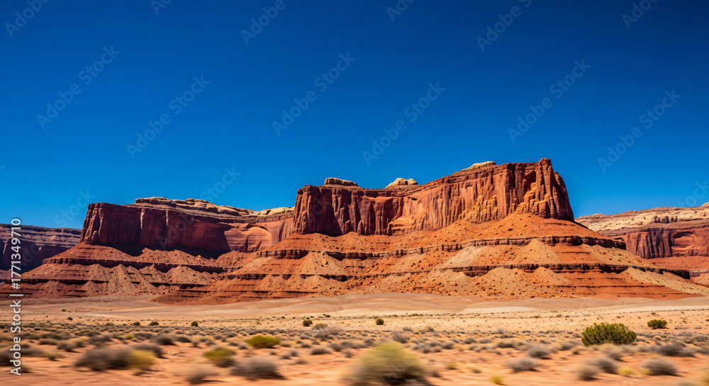 Fototapeta premium Vast Arid Desert Landscape Under a Brilliant Blue Sky 