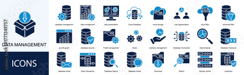 data management icon collection set. Containing database management, data presentation, Cloud Database, cloud storage, user segmentation icon. Simple line vector