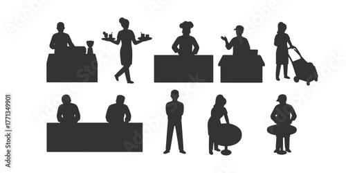 CAD Drawings. Side view of silhouette diverse cafe employees performing different tasks isolated on white background. Vector illustration.