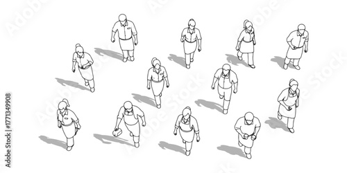 CAD Drawings.Top down view of cafe staff members engaged in work activities isolated on white background. Vector illustration.