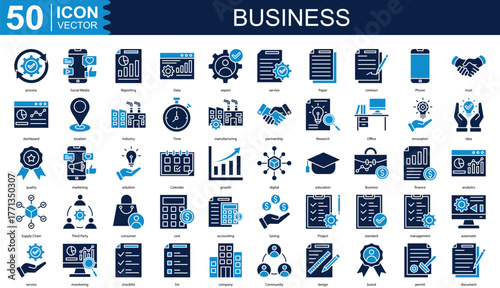 business icon collection set. Containing process, Social Media, Reporting, Data, expert icon.