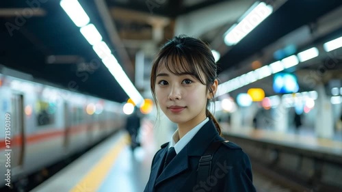駅員の女性、駅のホーム