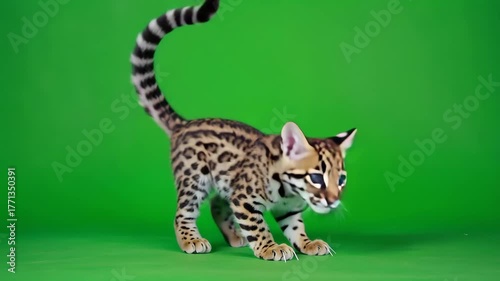 Leopard baby auf grünem Chroma Key Hintergrund – freigestellter Raubkatze in Bewegung	