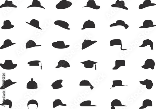 Hat silhouette collection, cowboy, baseball, beanie, beret, fedora, graduation cap, fashion headwear icons, black set, flat vector illustration