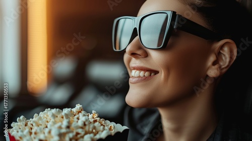 Excited Young Woman Enjoying an Engaging 3D Movie Experience While Savoring Tasty Popcorn Snacks
