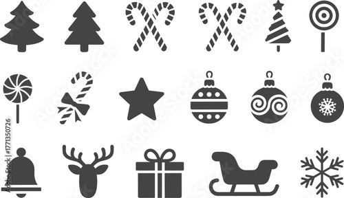 Christmas icon collection, tree, candy cane, ornament, snowflake, gift, reindeer, bell, festive symbols set, flat vector illustration