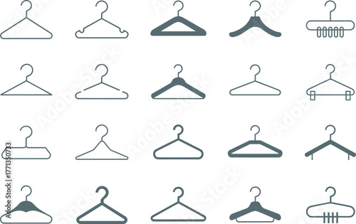 Clothes hanger icon collection, wireframe, padded, clip styles, wardrobe essentials, minimalist silhouettes set, flat vector illustration