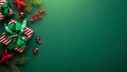 Merry Christmas and Happy Holidays greeting card, frame, banner. New Year. Red Christmas ornaments and gifts, presents on green background top view. Xmas holiday festive theme. Christmas decoration