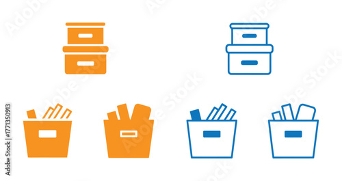 Streamlined organization solution with modern storage bins and file boxes for a tidy, productive workspace or home office, decluttering made easy in vibrant orange and blue hues