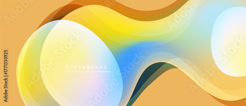 Abstract fluid shapes blend yellow, blue, orange hues. Modern design evokes movement, energy, soft gradients. Background text reads background design.