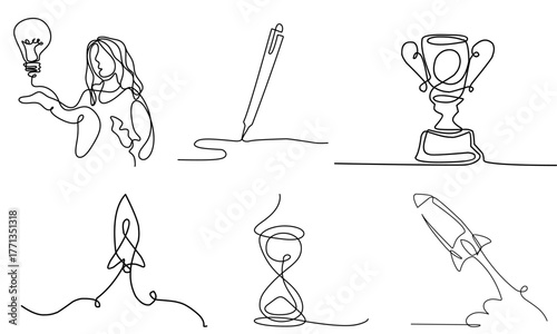 ⏳🚀 Sandglass & Rocket One Line Drawing — Continuous Pen Sketch Illustration of Creative Idea Line Art