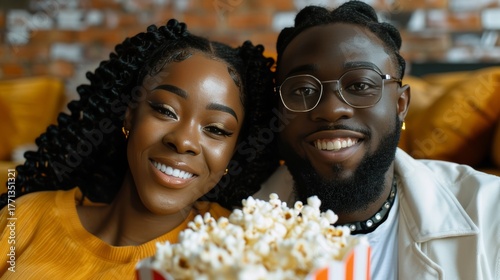 Happy Couple Enjoying Cozy Home Movie Night Together, Sharing Popcorn and Creating Lasting Memories