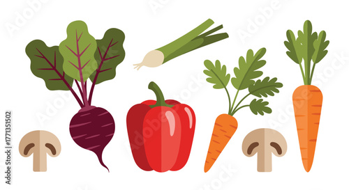 A vibrant collection of fresh and healthy organic vegetables, including beetroot, bell pepper, carrots, green onion, and mushrooms, isolated on a white background.