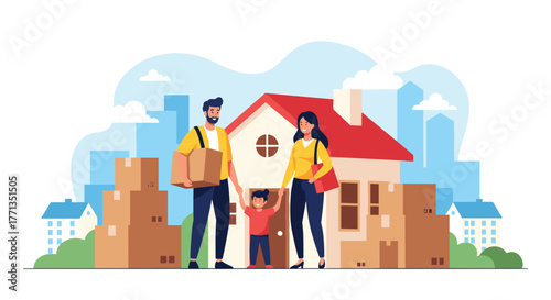 A happy family stands in front of their new house, surrounded by moving boxes, ready for a fresh start and homeownership.