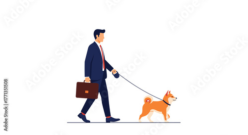 A professional businessman in a suit and tie walks his Shiba Inu dog on a leash while carrying a briefcase, depicting daily urban life.