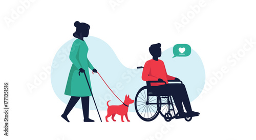 An illustration depicting a visually impaired woman with a cane and a dog, alongside a man in a wheelchair, symbolizing care and inclusion.