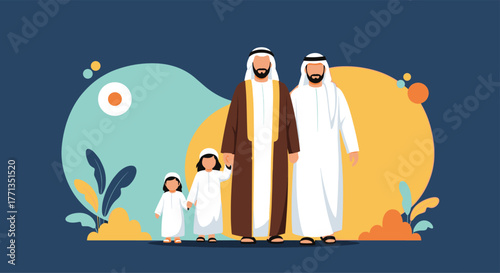 Two men and two girls in traditional Arab attire stand together, symbolizing family, love, and cultural heritage.