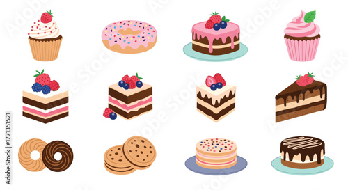 A delightful collection of colorful and sweet baked goods and desserts, including cakes, cupcakes, cookies, and a donut, perfect for celebrations.