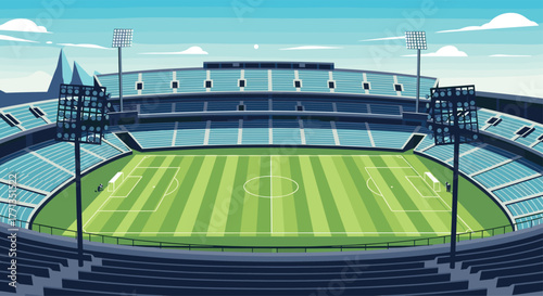 A vast, empty soccer stadium with a perfectly maintained green pitch, tiered blue seating, and towering floodlights under a bright, cloud-dotted sky.