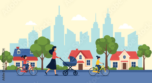 Family outing in a vibrant neighborhood, with a mother pushing a stroller and children cycling, set against a modern city skyline.