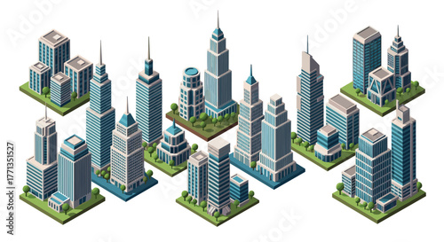 A diverse collection of isometric 3D city buildings and modern skyscrapers, featuring green spaces and detailed architecture.