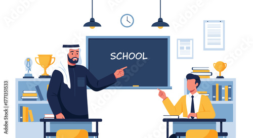 A dedicated teacher in traditional Arab clothing guides a student during a lesson in a brightly lit classroom with bookshelves and awards.