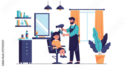 A male barber is blow-drying and styling the hair of a happy young girl sitting in a chair at a modern hair salon.