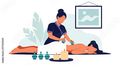 A therapist performs cupping therapy on a woman's back in a serene spa environment, surrounded by candles and essential oils.
