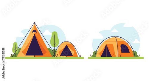 Illustration of various orange camping tents pitched in a green field with trees and clouds, depicting an outdoor adventure scene.