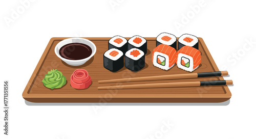 Fresh Japanese sushi rolls with salmon and roe, served on a wooden tray with soy sauce, wasabi, ginger, and chopsticks, ready to eat.
