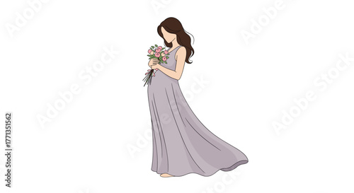 A graceful illustration of an expectant mother in a flowing lavender dress, gently holding a bouquet of pink flowers.