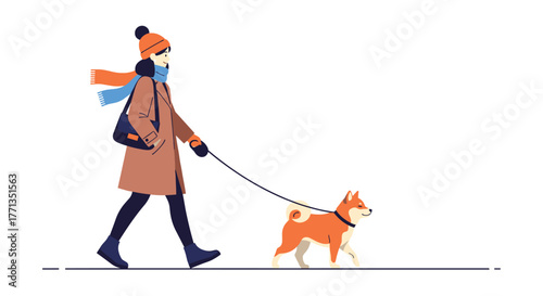 A cheerful woman wearing a warm brown coat, orange hat, and blue scarf takes her happy Shiba Inu dog for a pleasant walk on a cold day.