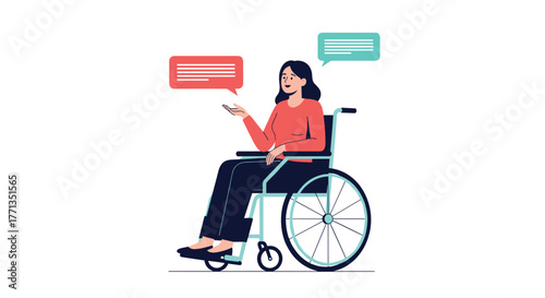 A woman in a wheelchair is engaged in a conversation, with speech bubbles indicating communication and discussion.