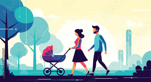A young family enjoys a peaceful stroll in the park with their baby in a stroller on a sunny day.