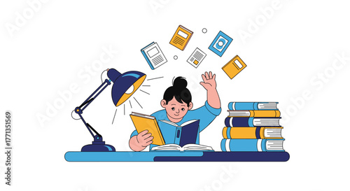 A focused student studies diligently at a desk with a lamp, surrounded by an abundance of books and educational materials.