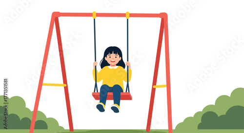 A happy little girl with dark hair smiles joyfully while playing on a red swing set in a sunny park setting.