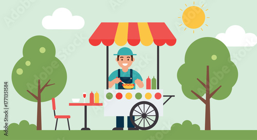 A cheerful hot dog vendor is preparing food from his cart in a sunny park, with trees and a small picnic table nearby.