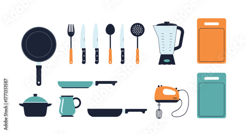 Collection of essential kitchen tools and appliances for cooking and baking, including pots, pans, knives, and blenders.