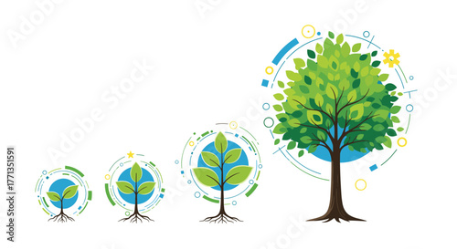 Stages of tree growth from seedling to mature tree, representing development, sustainability, and the evolution of nature and technology.
