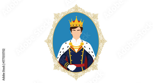 An elegant portrait illustration of a young king or prince in full royal regalia, featuring a golden crown, ermine cape, and ornate oval frame.