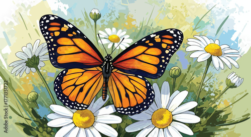 A vibrant monarch butterfly with orange and black wings rests on a cluster of white daisies in a sunlit meadow.