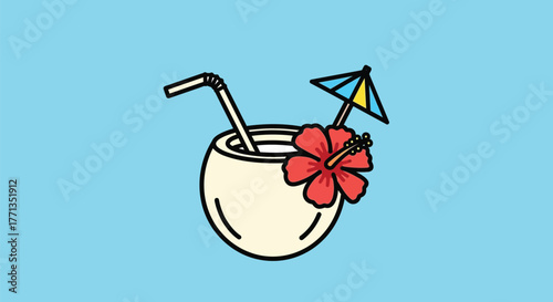 Cartoon illustration of a refreshing tropical coconut drink with straws, a hibiscus flower, and a cocktail umbrella on a light blue background.