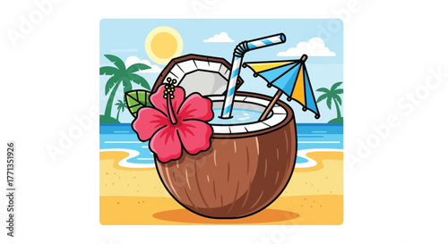 Tropical Coconut Drink with Hibiscus Flower on Sunny Beach