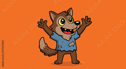 A cute cartoon werewolf cub with big eyes and a torn shirt stands happily on an orange background.