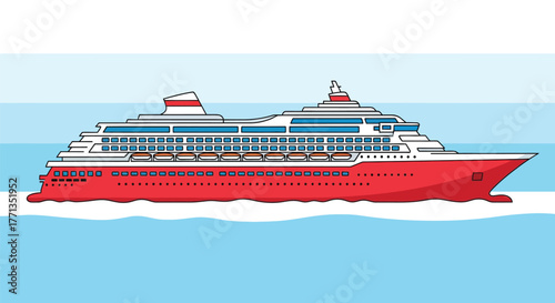 Luxury Red Cruise Ship Sailing on Open Sea