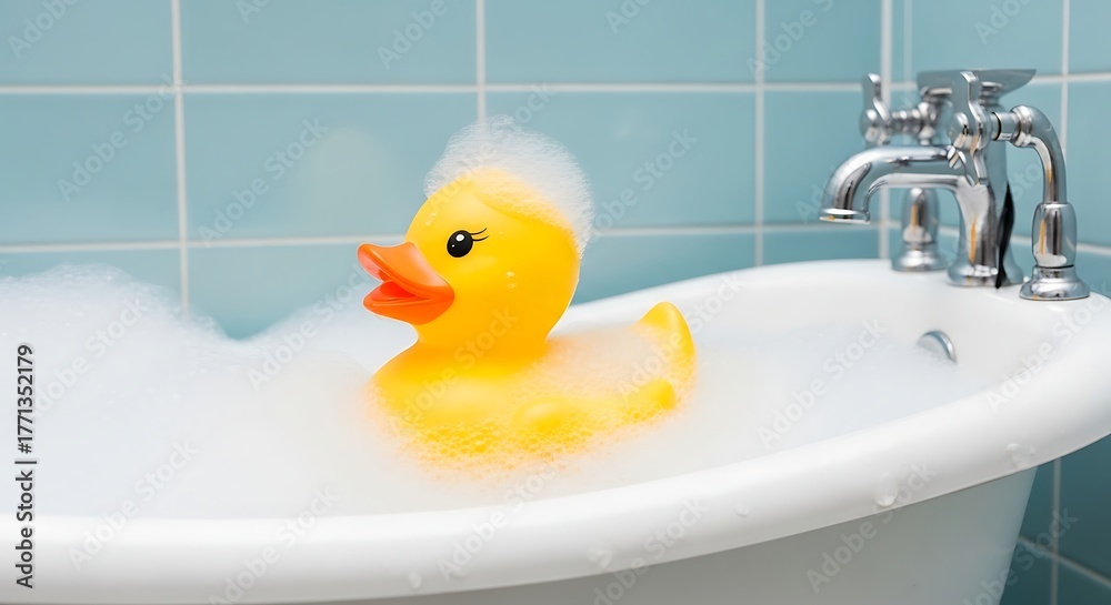 custom made wallpaper toronto digitalA classic yellow rubber duck toy with foam on its head floats in a bubbly bathtub.