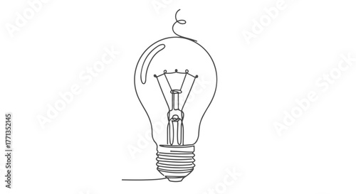 Conceptual one line drawing of a light bulb, a continuous minimalist illustration representing creativity and innovative thinking. a
