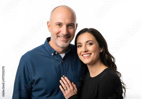 Smiling man and woman posing together in a bright studio setting with a white background