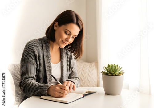 Woman writing in a notebook at a white table near a window with a potted succulent plant
